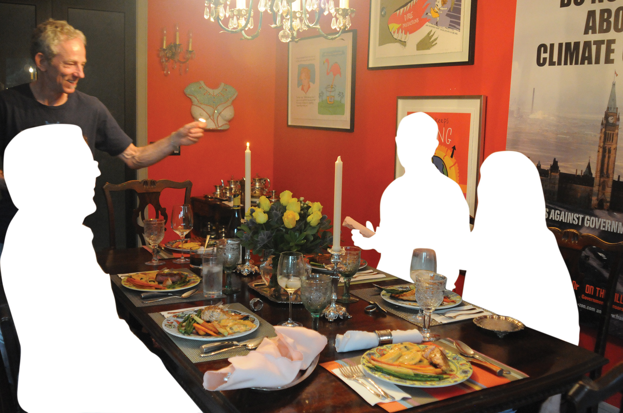 From the Dinner Party Chapter: Bill lights the candles with guests Siobhan and Jared, Phoebe and Spencer already seated for dinner. Original photo by Franke James, 2013. White silhouettes added for the book in 2023.
