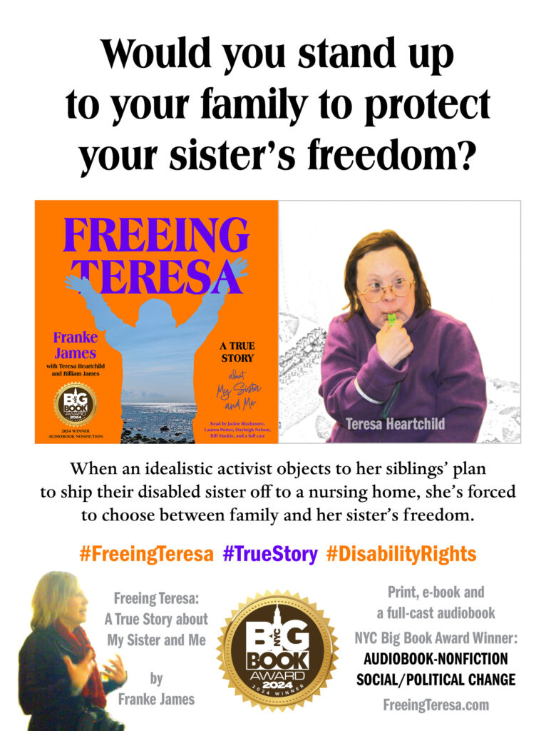 Would you stand up to your family to protect your sister? Freeing Teresa audiobook ad with the NYC Big Book Awards Medal