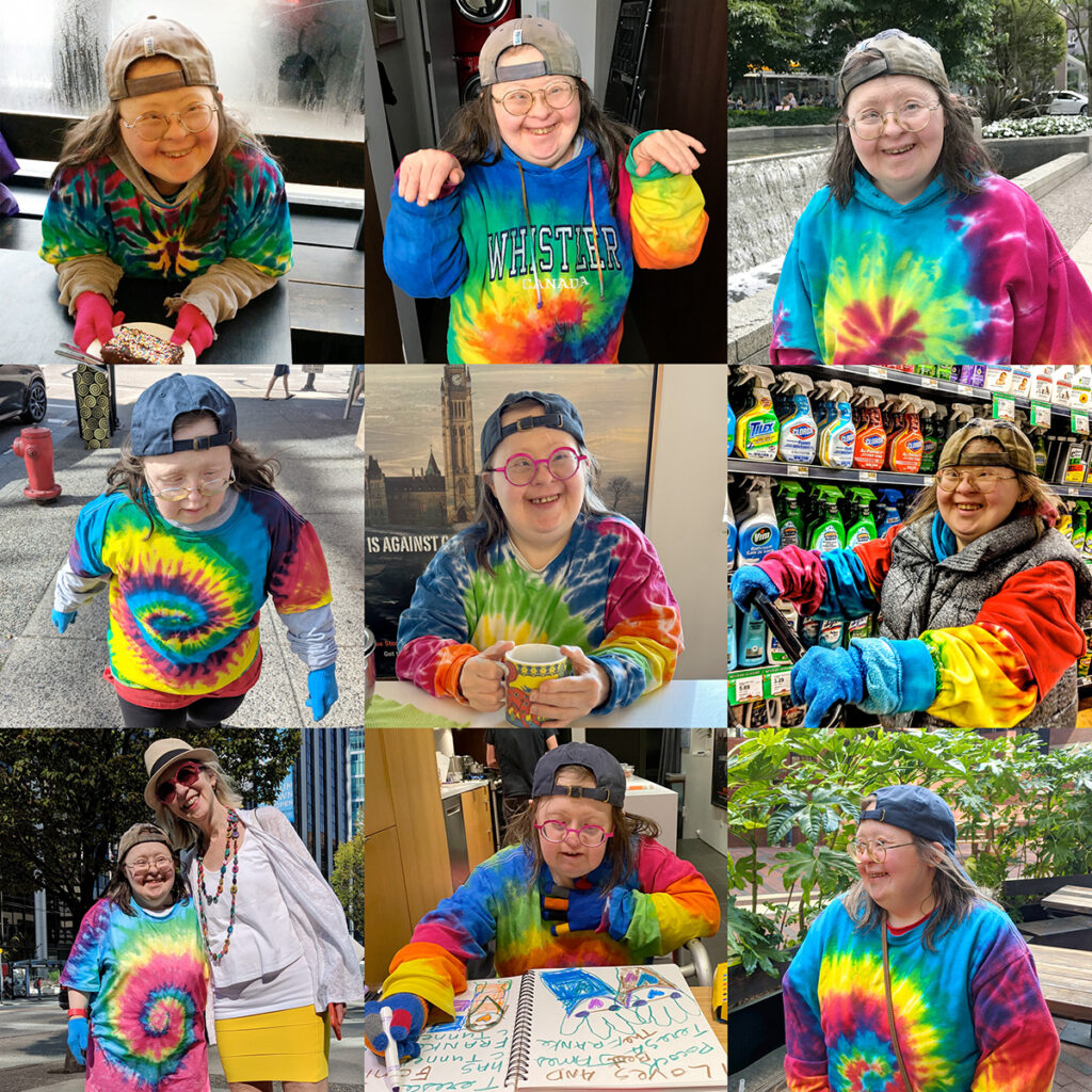 Teresa in nine different tie-dye shirts collected through the years