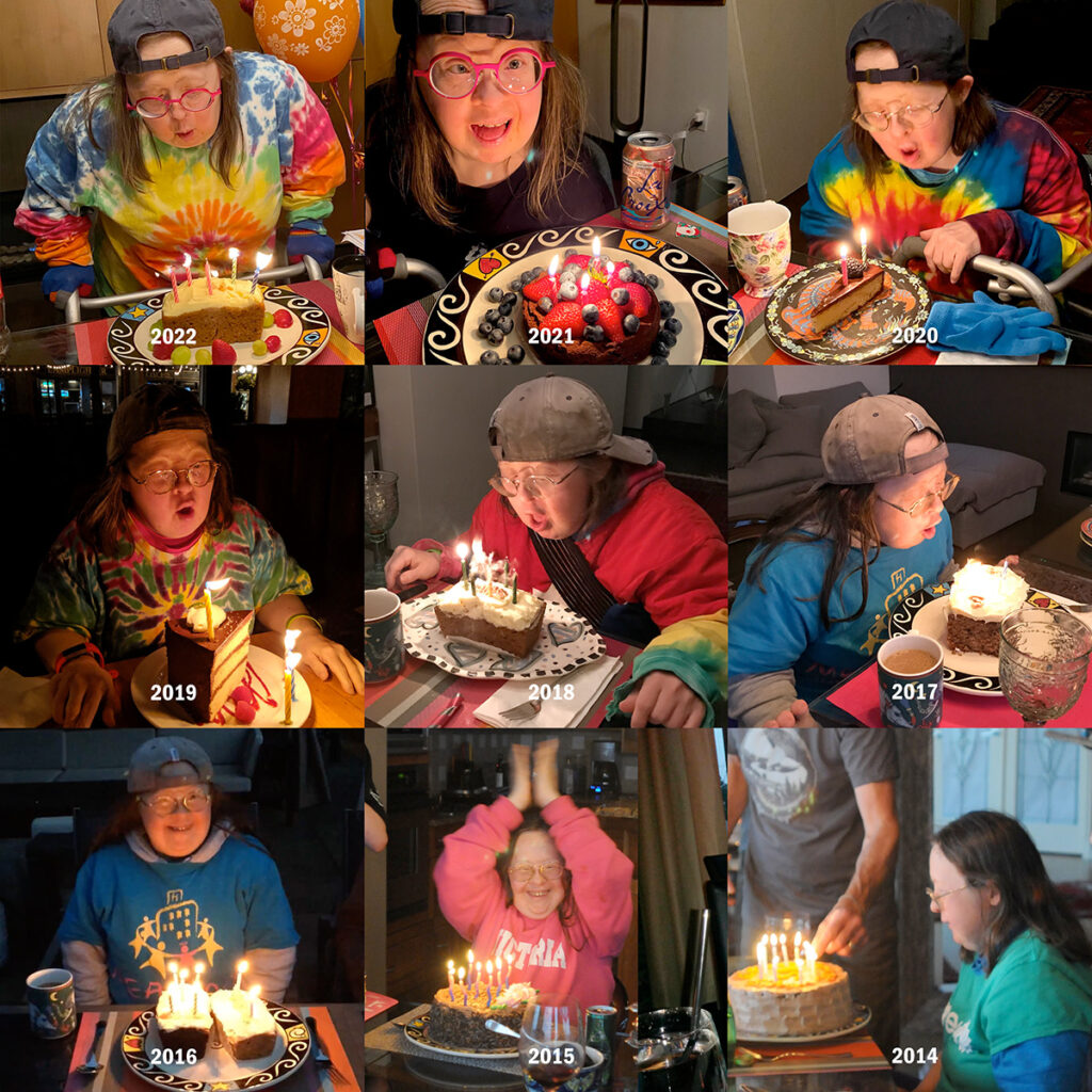 Photos of Teresa blowing out birthday candles in 2014, 2015, 2016, 2017, 2018, 2019, 2020, 2021, and 2022